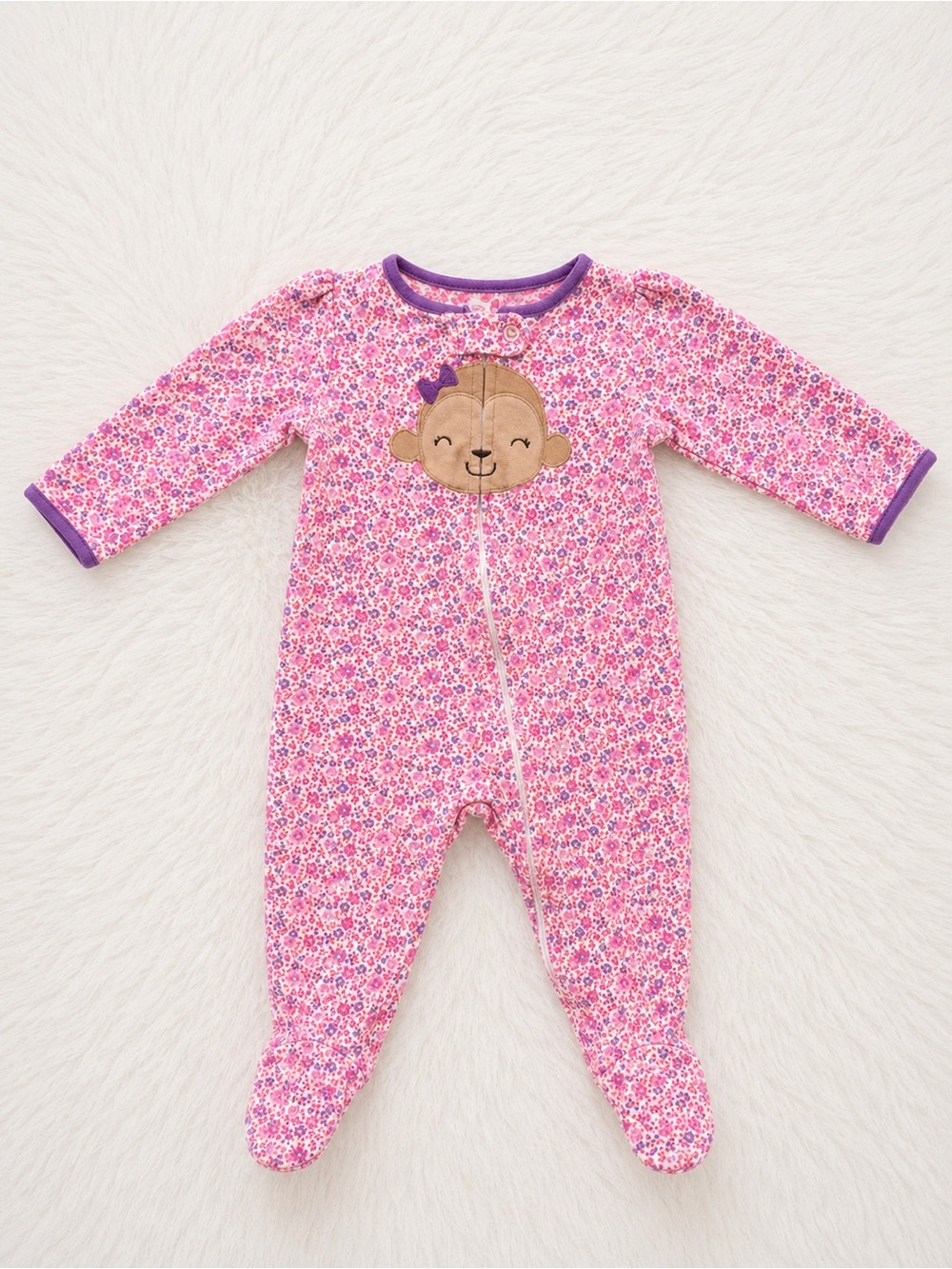 Carter's Pink Floral Footed One-Piece with Monkey Applique